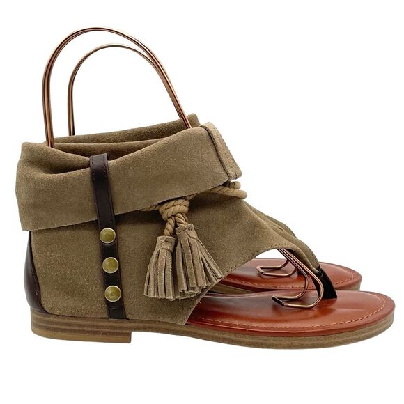 MIA Natasha Tan Stone Suede Boho Thong Ankle Wrap Tassel Sandal Women’s Size 7 - Picture 8 of 16